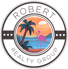 Flamingo and palm tree in sunset logo.
